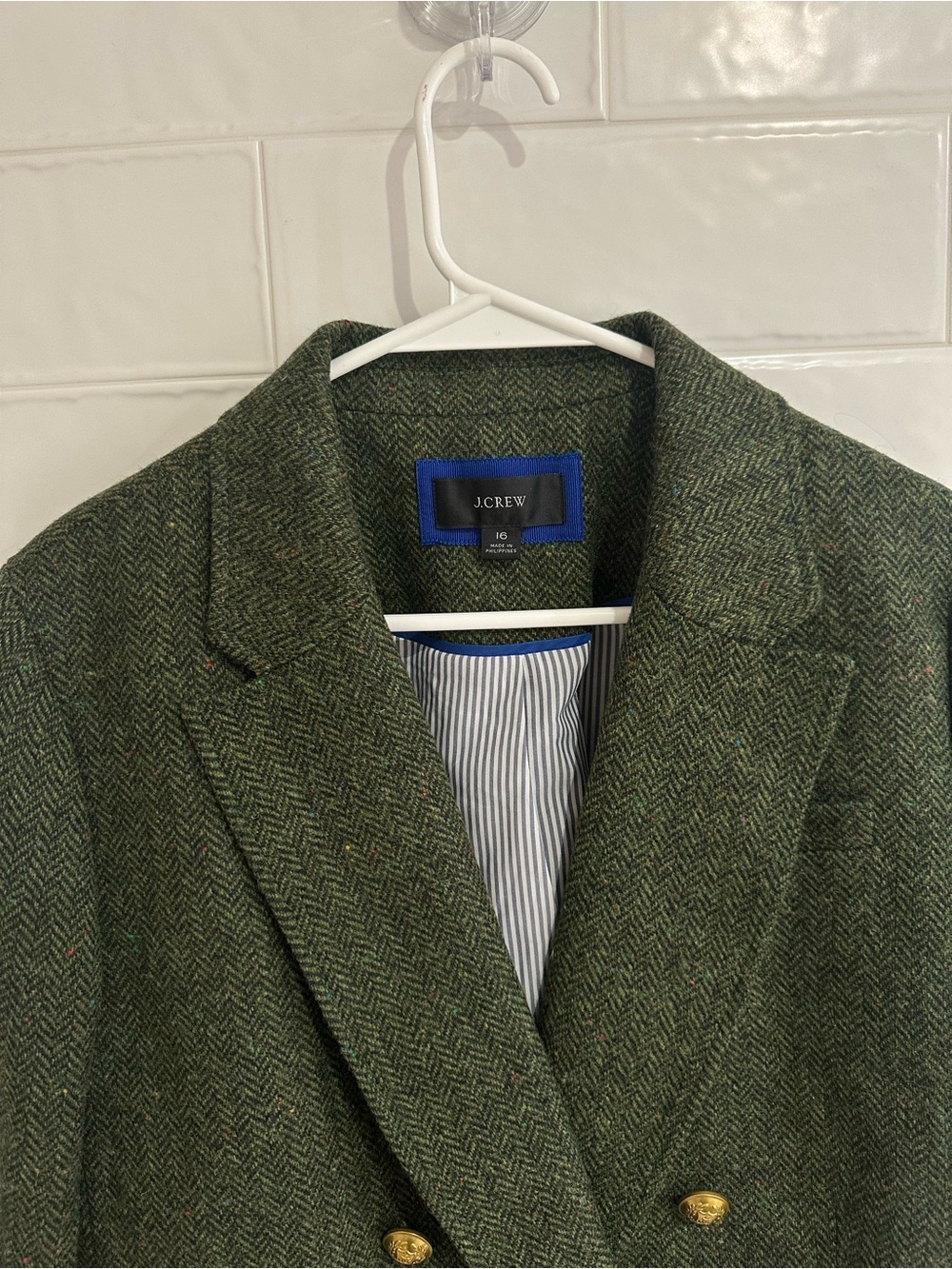 J.Crew Womens Size 16 Herringbone Green Moon English Wool Tweed Double Breasted - Picture 2 of 7